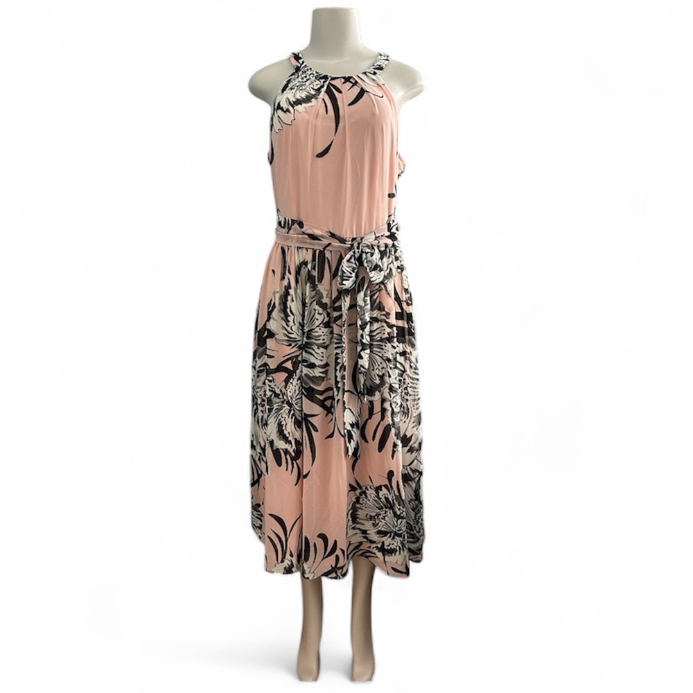Jessica Howard Blush and Black Floral Maxi Dress with Bows Size 10